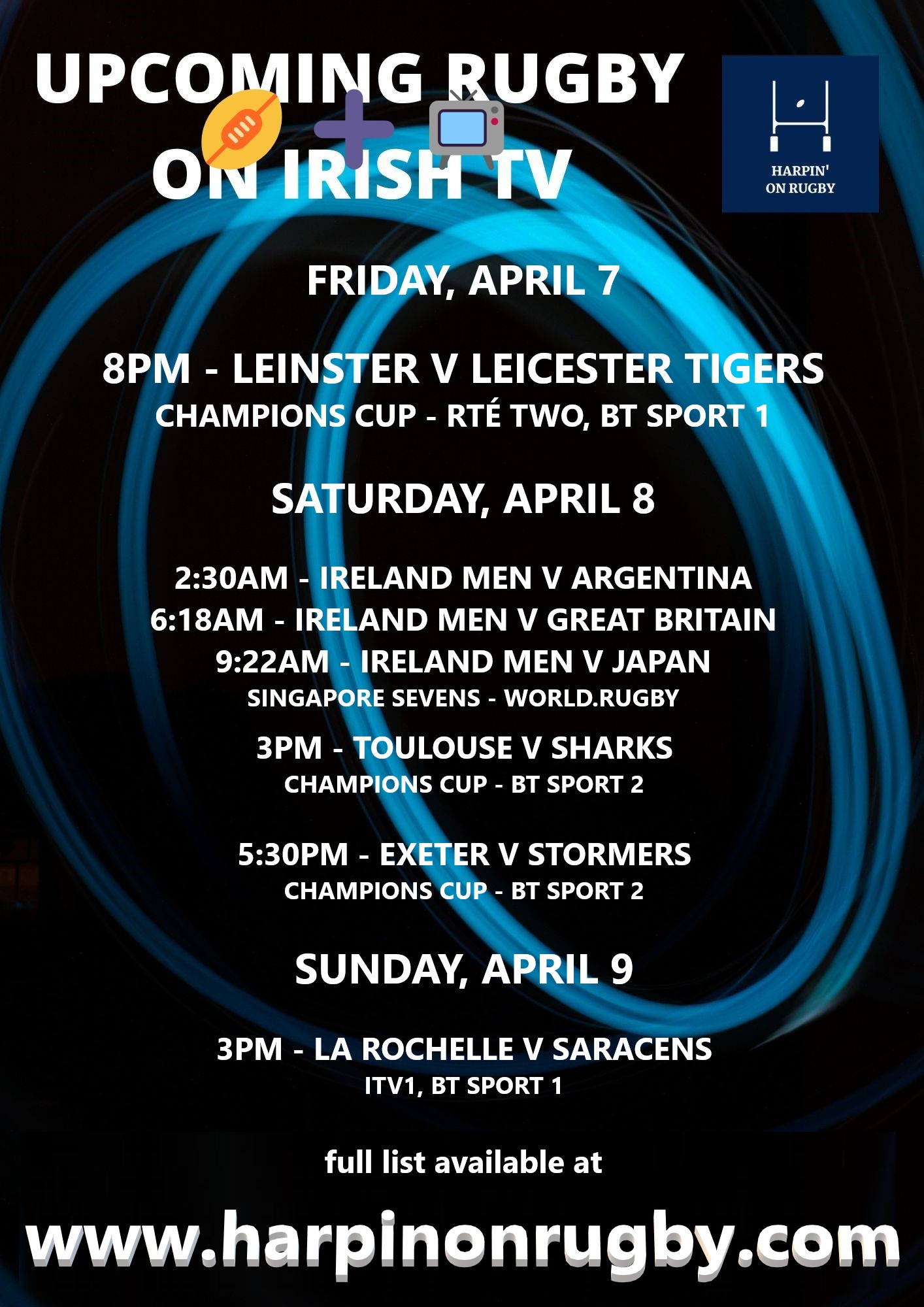 Rugby on TV April 7-9