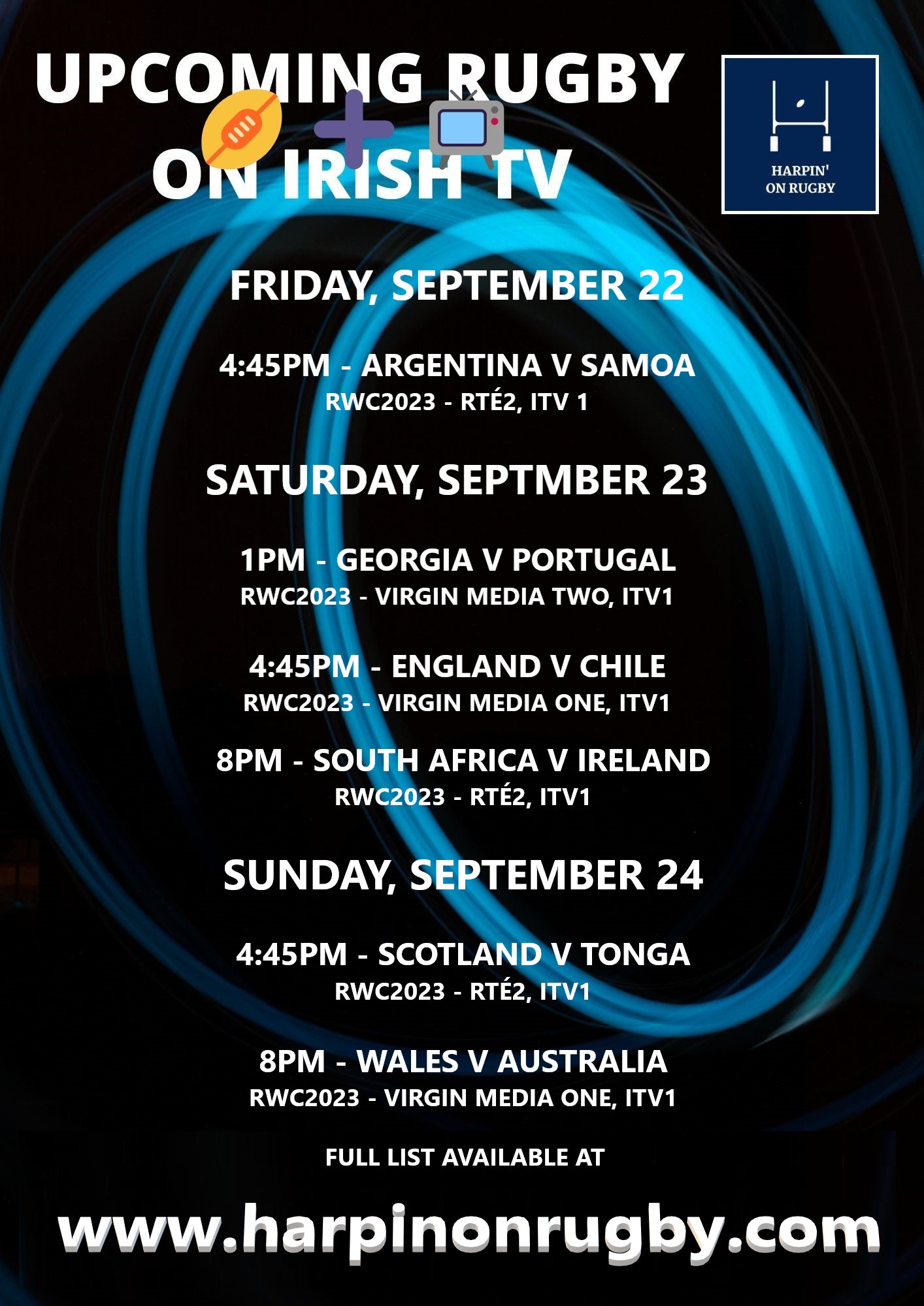 Rugby on TV Sep 22 – 28